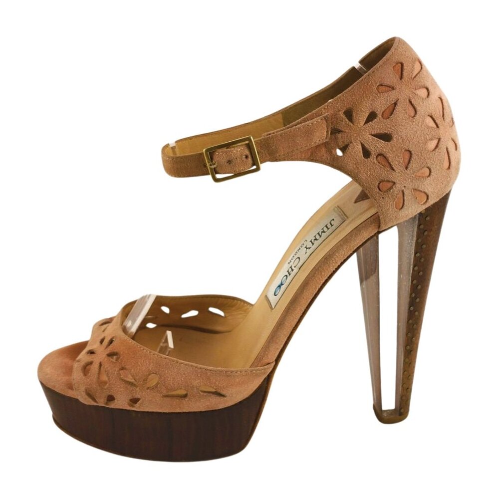 Jimmy Choo Laser Cut Blush Pink Suede Peeptoe Lucite & Wood Platform Heels Sz 7